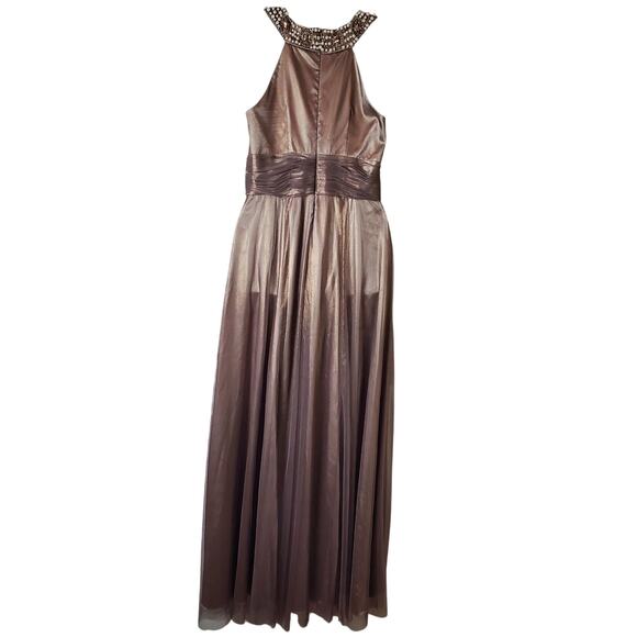 Cachet Sz 6 Beaded Halter Neck Maxi Dress Bronze Metallic Pleated Formal Gown - Picture 4 of 9